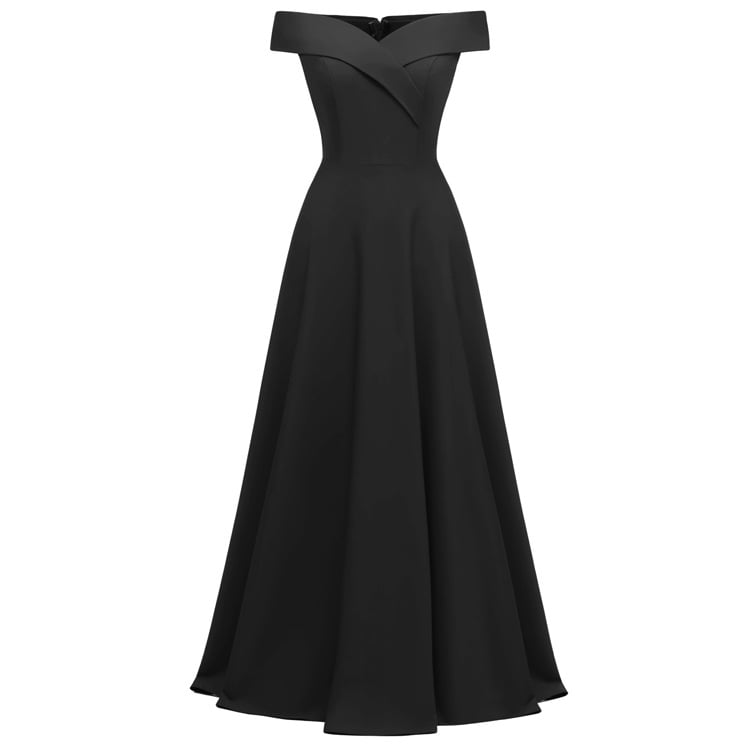Off Shoulder Box Pleat Fitted Waist A-Line Maxi Formal Gown - View 2