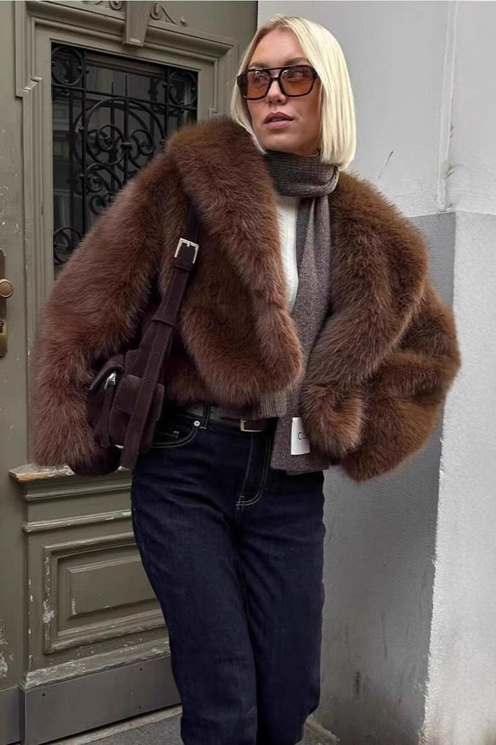 Retro Solid Color Plush Warm Short Notch Collar Coat