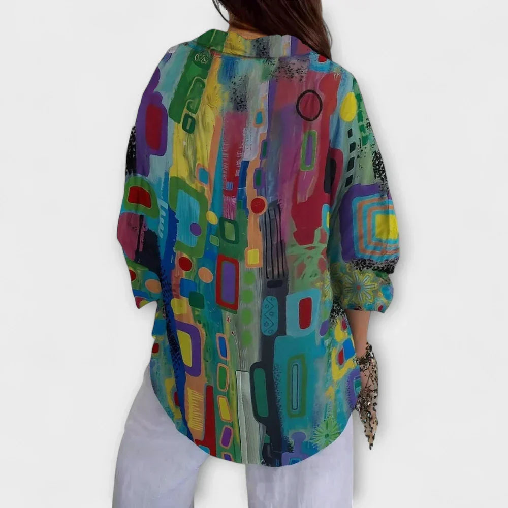 Collared Long Sleeve Abstract Print Button Front Blouse 2