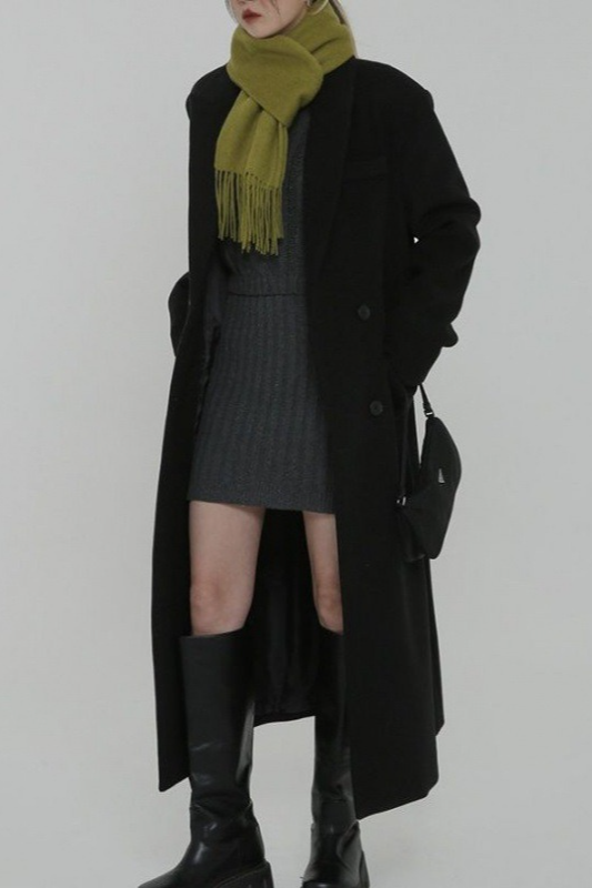 Thick Black Wool Blend Regular Shoulder Loose Overcoat - Fashionpara