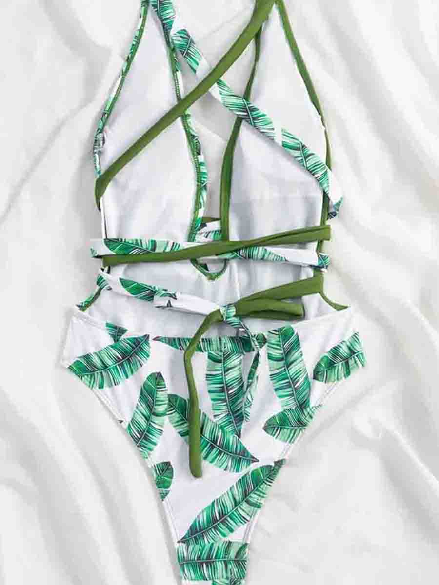 Floral Print  Patchwork Green One-piece Swimsuit - Fashionpara