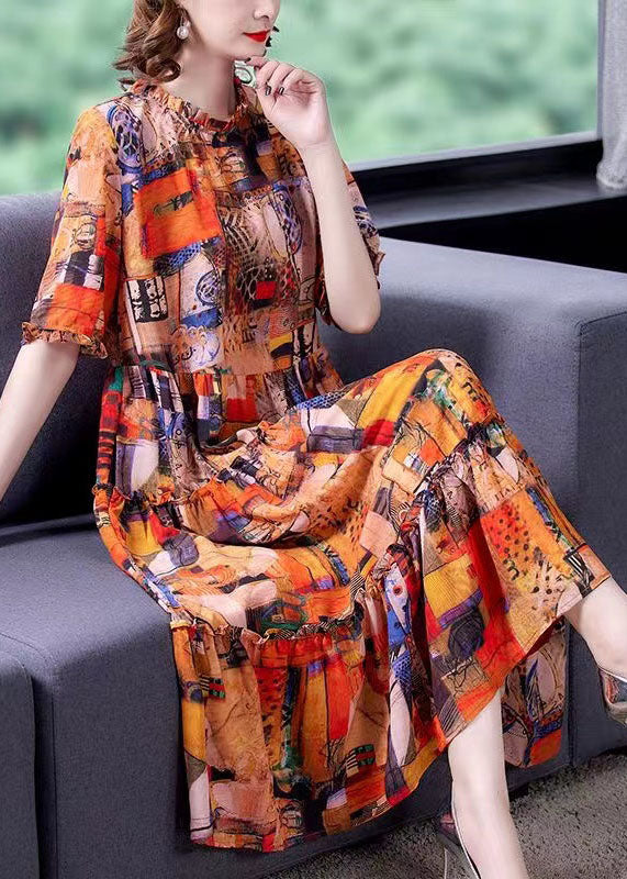 Abstract Patchwork Print Ruffle Collar Short Sleeve Midi Dress - View 2