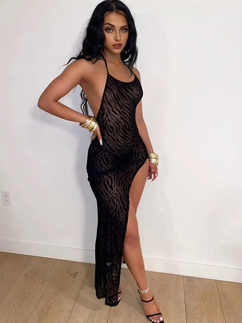 Sheer Mesh Burnout Halter Backless High-Slit Maxi Dress