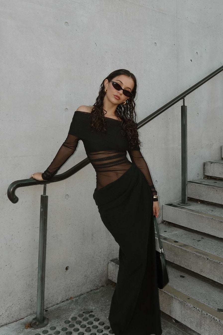 Off Shoulder Long Sleeve Mesh Panel Ruched Drape Maxi Dress - View 4