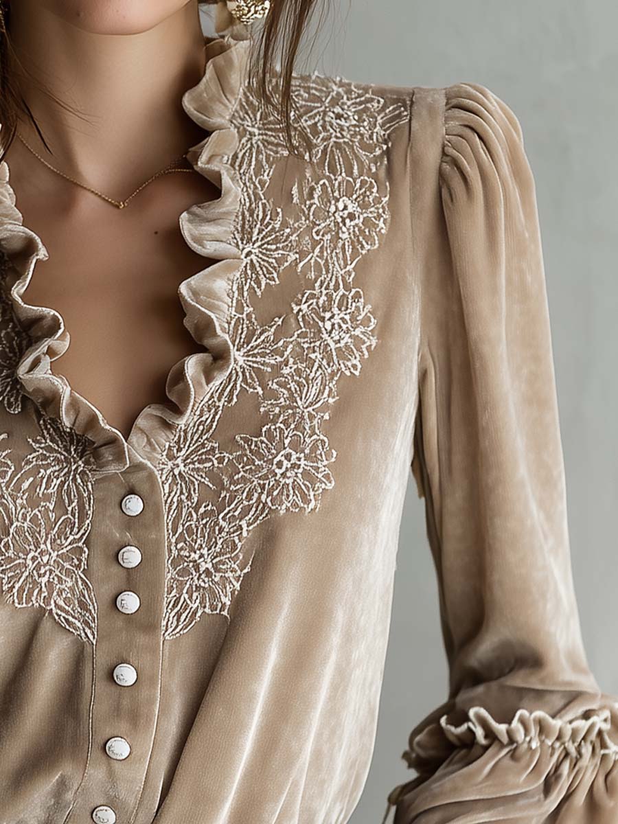 Champagne Beige Floral Embroidered Ruffled Velvet Shirt - Fashionpara