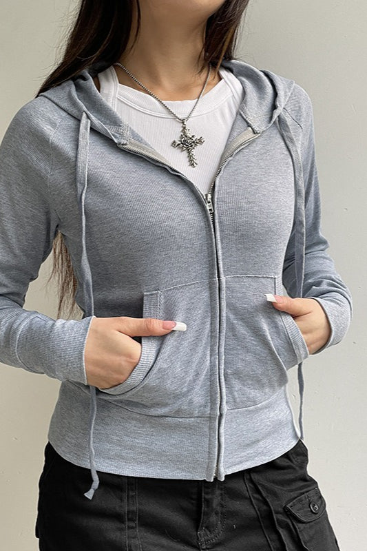 Gray Hooded Zip-Up Cropped Hoodie 4