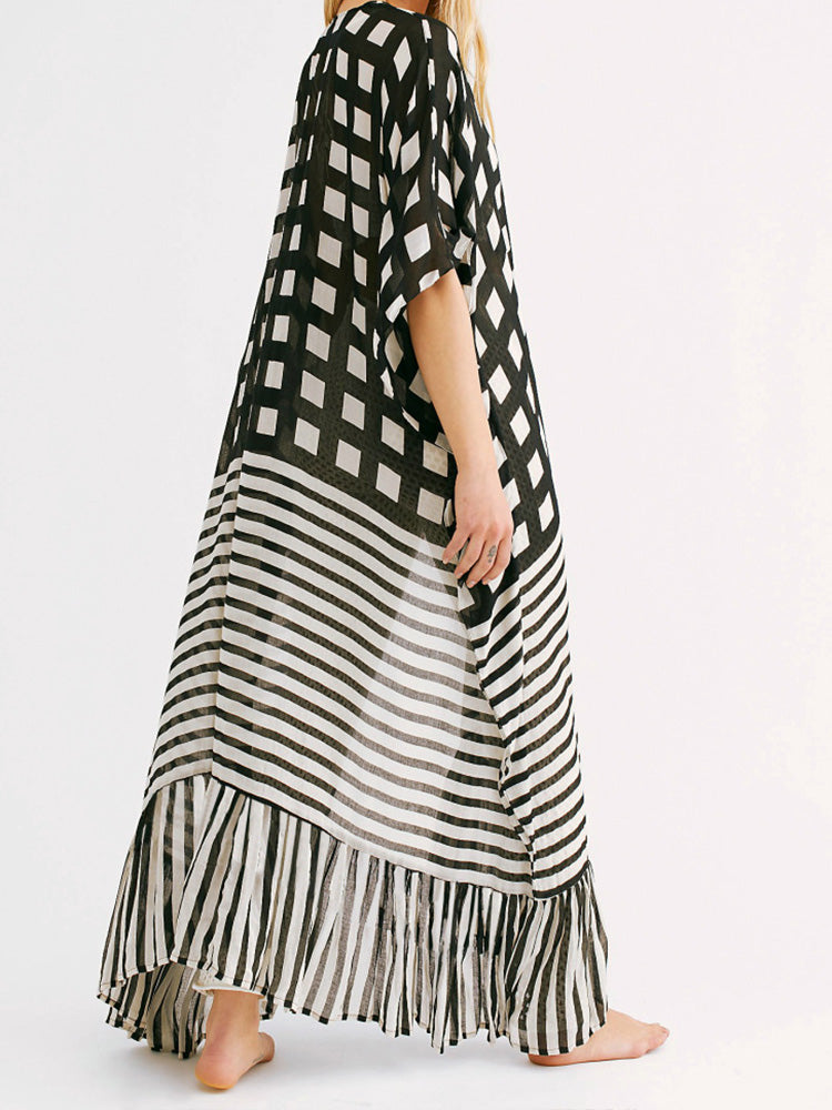 Printed Black Color Chiffon Long Length Gown Kimono Duster Robe - Fashionpara