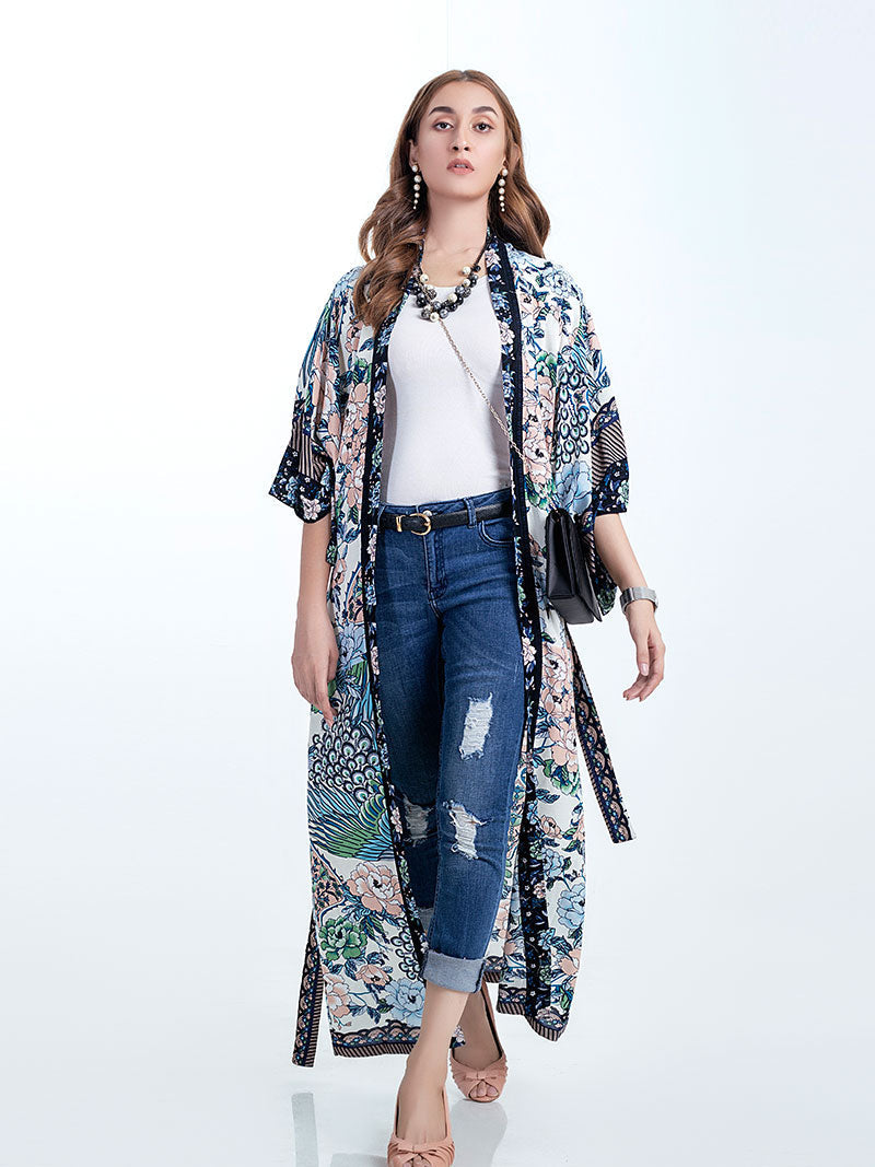 Beachwear Cotton Long Length Floral With Birds Print Blue, White & Green Color Gown Kimono Duster Robe - Fashionpara