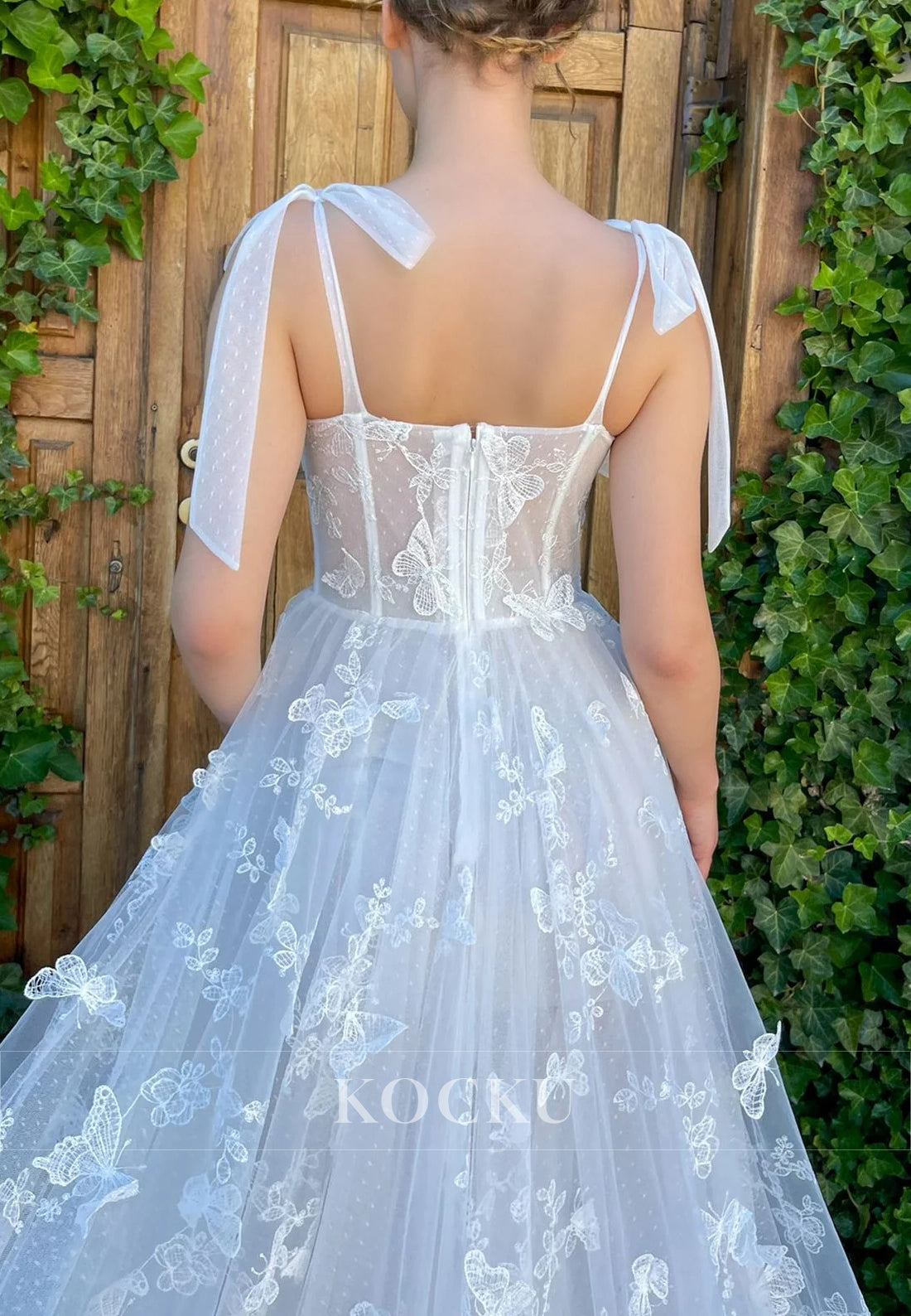 Appliques Lace Spaghetti Straps Sleeveless Prom Dresses with High Split