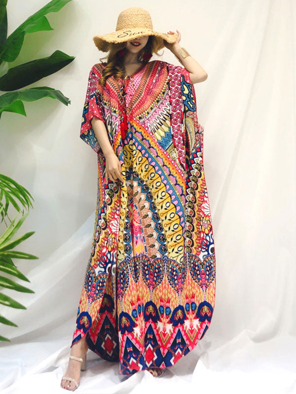 Over Again Abstract Print Loose Bohemian Maxi Dress - Fashionpara