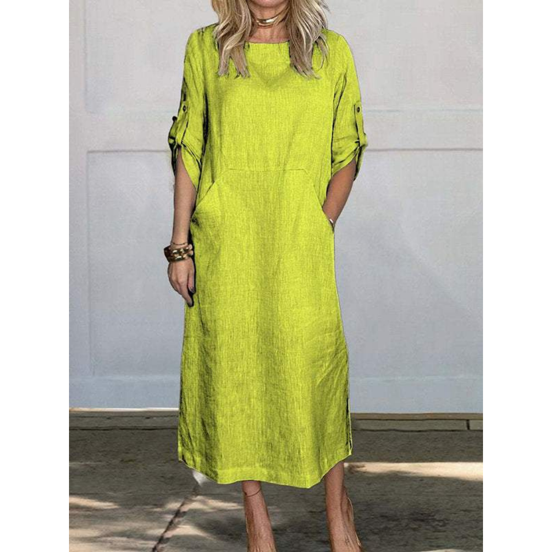 Round Neck Roll Tab Sleeve Pocket Side Slit Shift Maxi Dress - View 6