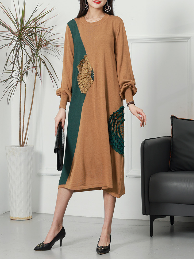 Two-Tone Knit Round Neck Balloon Sleeve Appliqué Midi Dress 8