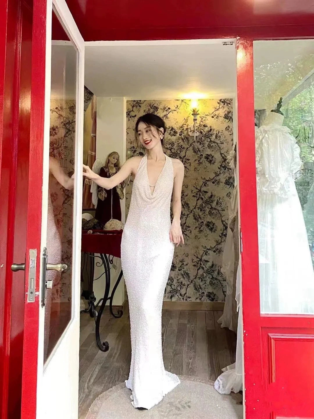 Halter Neck White Sequin Long Prom Dress Elegant Evening Dress - Fashionpara