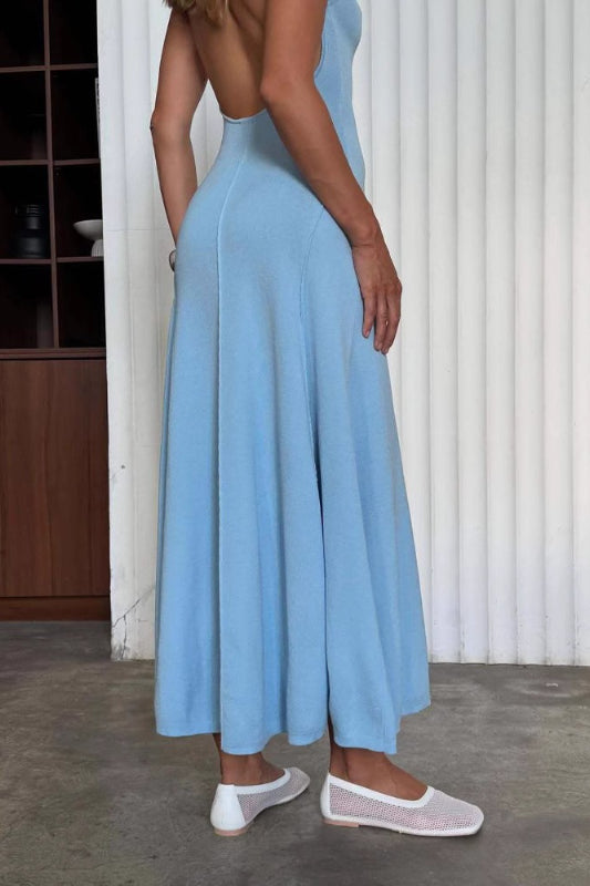Ribbed Knit High Neck Sleeveless Fit & Flare Maxi Dress