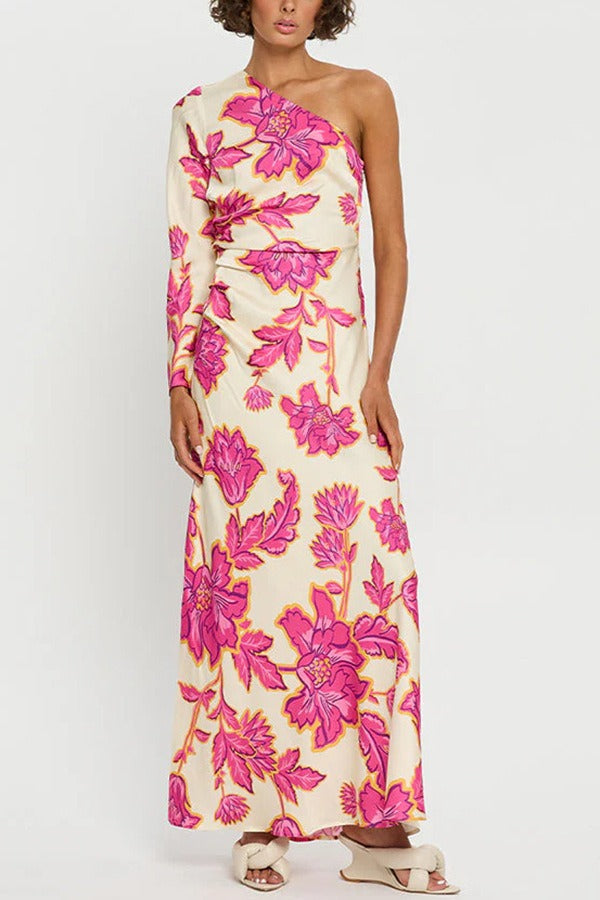 Floral Print One Shoulder Mermaid Maxi Gown