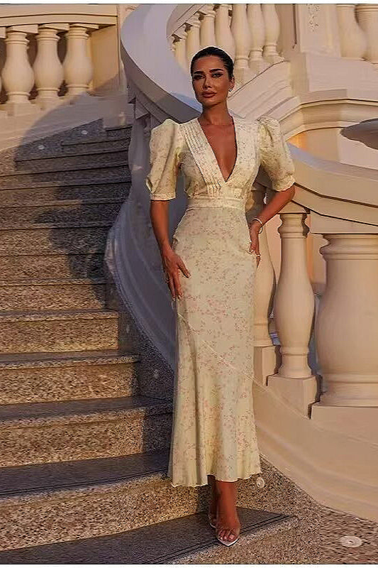 Floral Print V-Neck Puff Sleeve Mermaid Maxi Dress 6