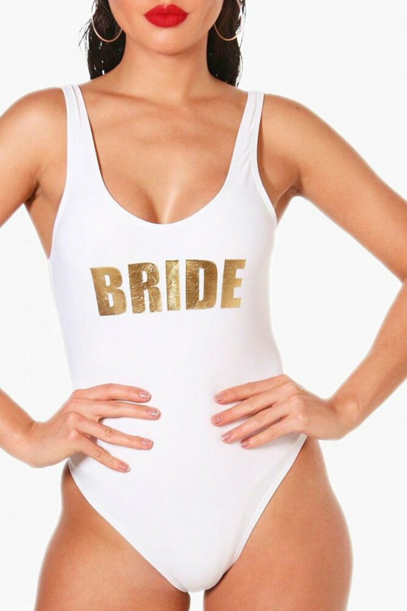 Bride - Slogan One-piece Swimsuit - Fashionpara
