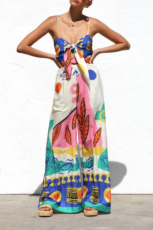 Unique Printed Back Pleated Suspenders Loose Pocket Wide-leg Jumpsuit - Fashionpara