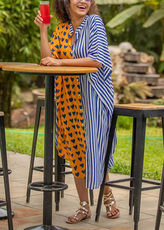 Split Print Button Down Kaftan Sleeve Midi Shirt Dress
