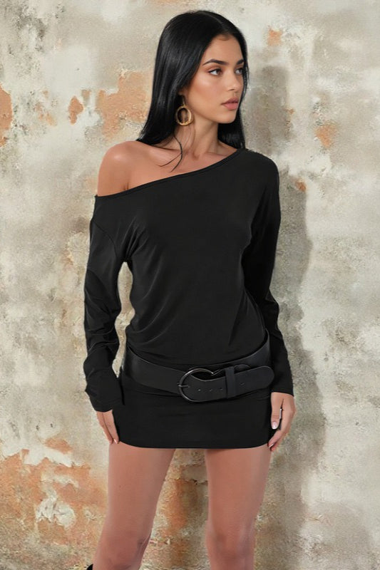 Off Shoulder Long Sleeve Belted Bodycon Mini Dress