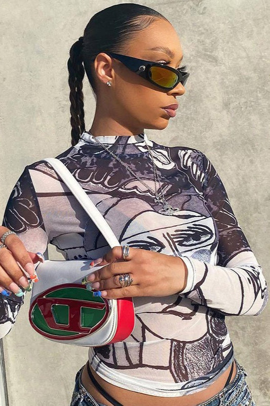 Sexy Sheer Mesh Print Round Neck Long Sleeve Blouse