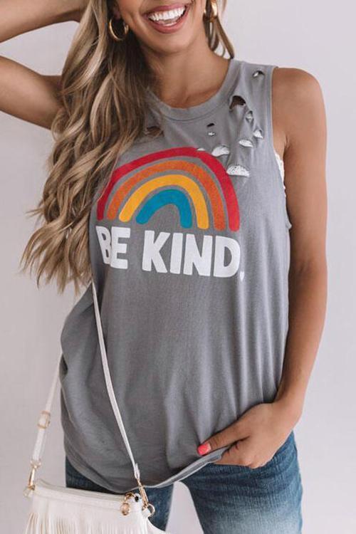 Florcoo Be Kind Rainbow Ripped Tank Top
