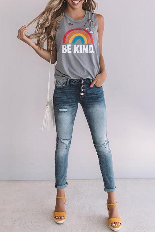 Florcoo Be Kind Rainbow Ripped Tank Top
