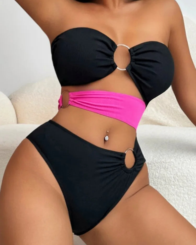 Patchwork Bandeau Hollow Bikini Set - Fashionpara