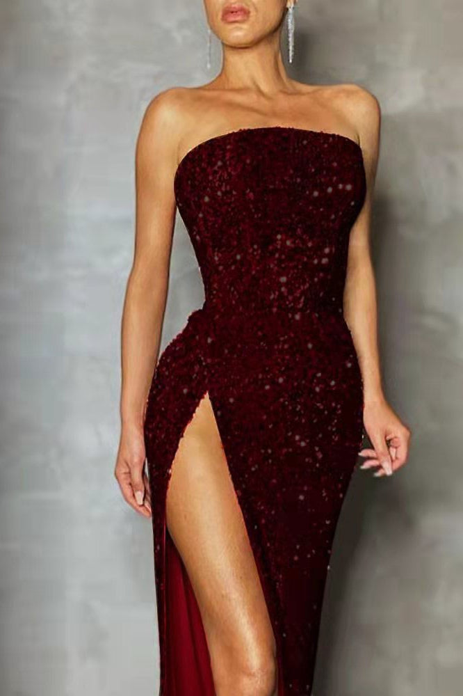 Sequin Strapless High Split Column Gown - View 2