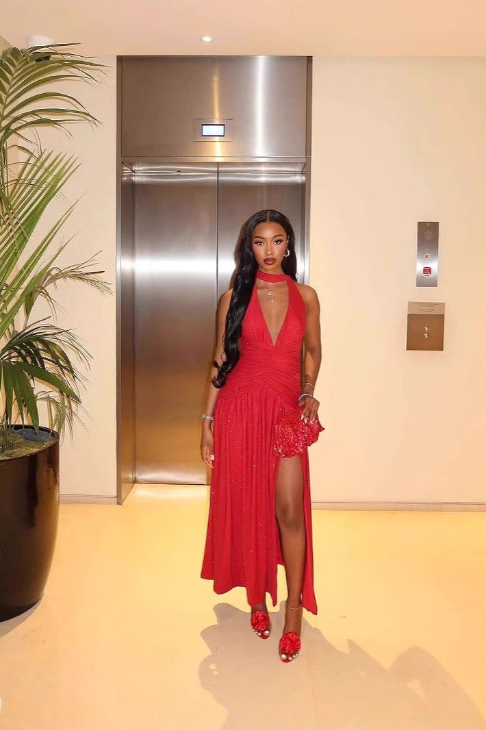 Halter Deep V-Neck Rhinestone Ruched High Split Maxi Dress