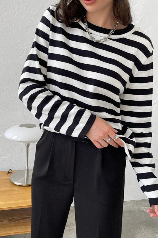Casual Drop Shoulder Contrast Stripe Knit Sweater 10