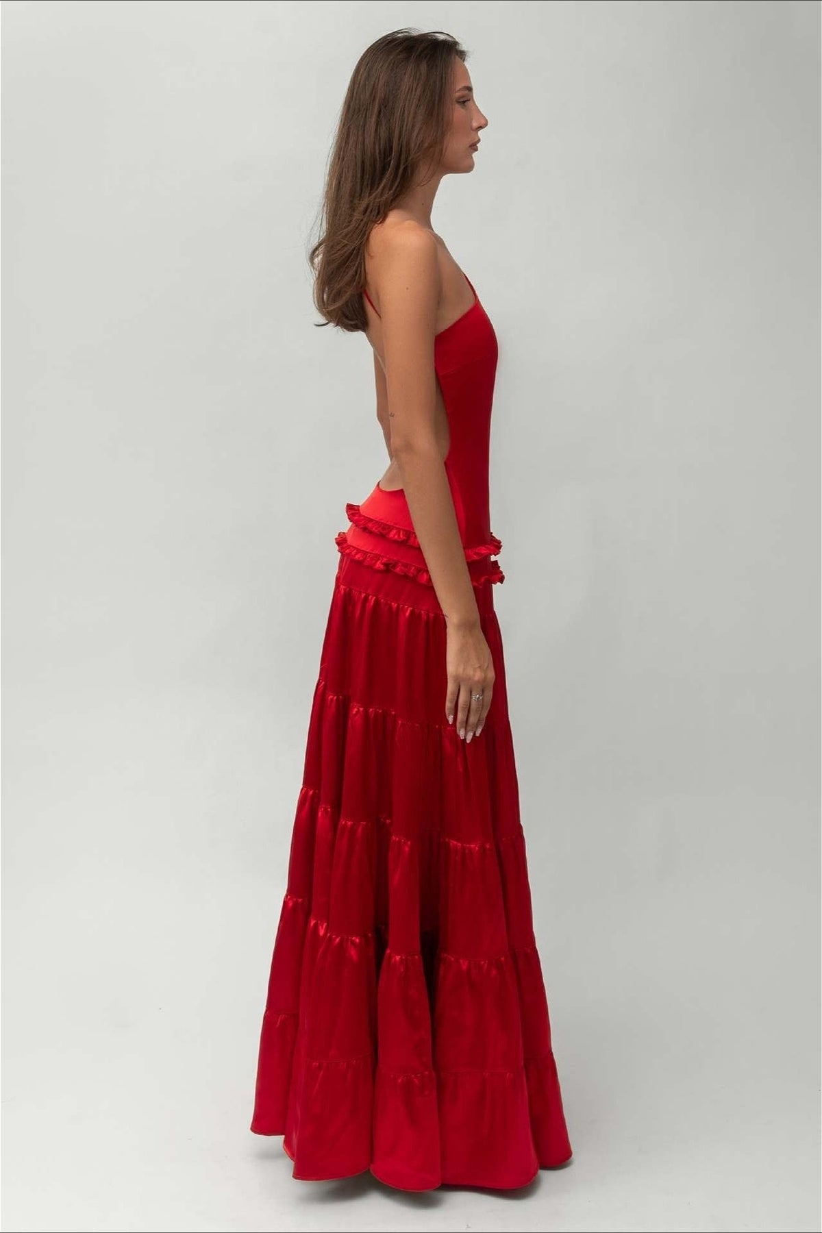 Satin One Shoulder Drop Waist Tiered Maxi Gown 6