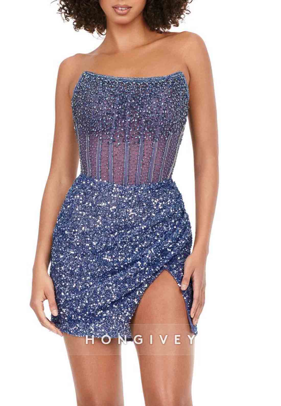 Side Slit Strapless Glitter Sheath Pleated Beading Mini Homecoming Dresses