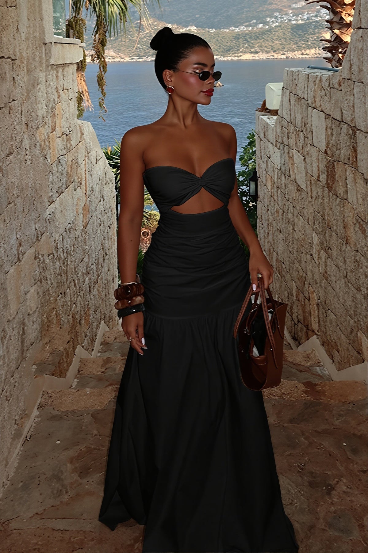 Twist Front Cut Out Strapless Fishtail Maxi Dress 5