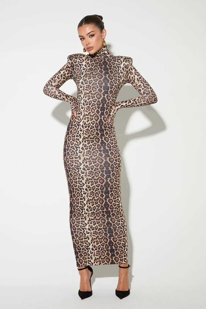 Elegant Leopard Mock Neck Bodycon Maxi Dress