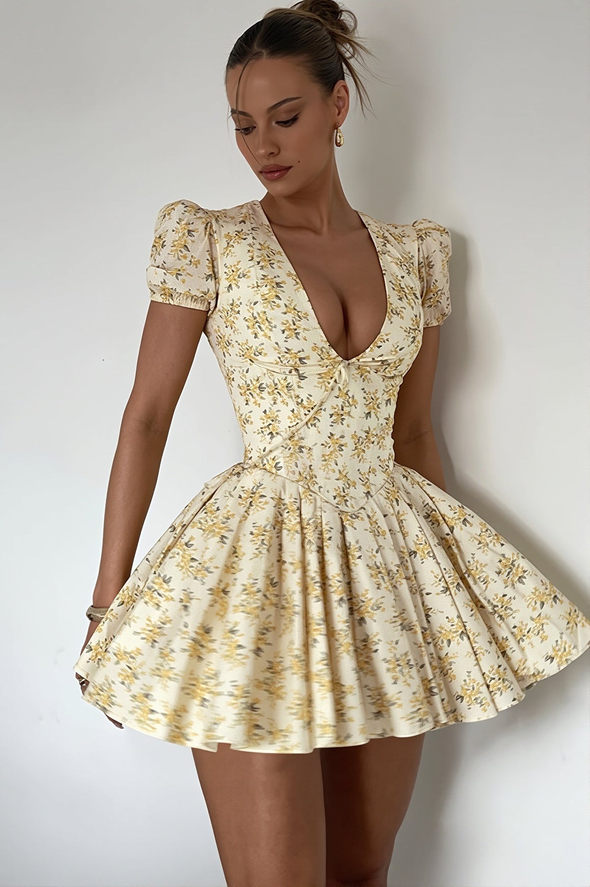 Floral V-Neck Puff Sleeve Corset Flare Mini Dress