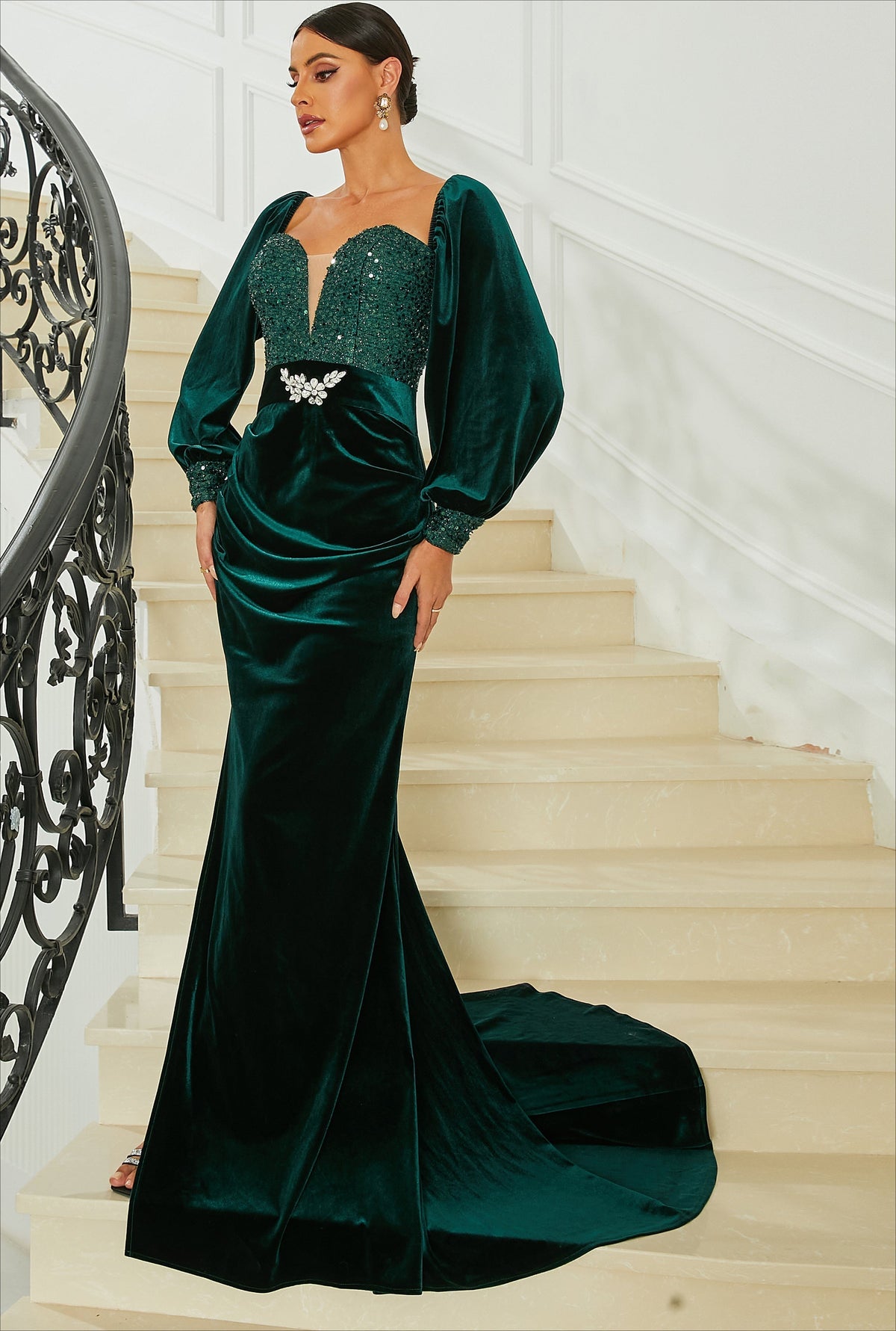Velvet Beaded Sweetheart Long Sleeve High Split Gown 2