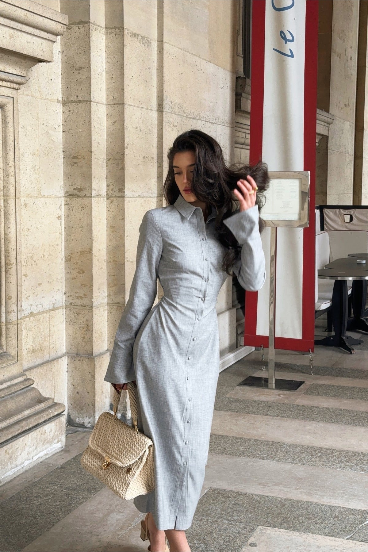 Elegant Long Sleeve Collared Midi Dress