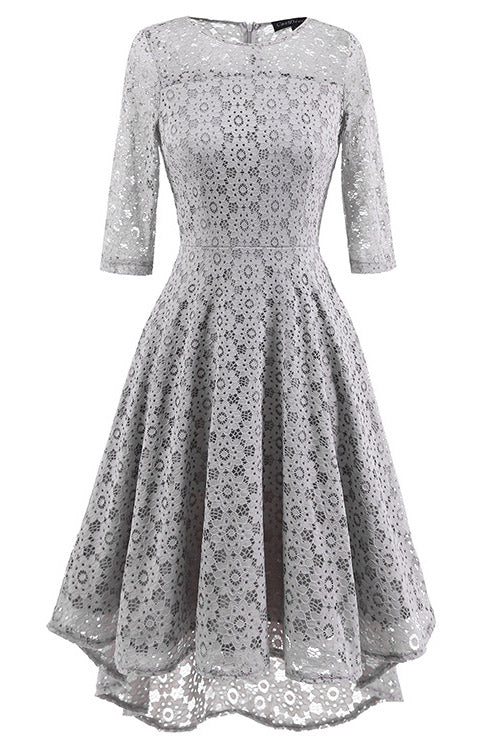 Lace Round Neck Half-Sleeve High-Low Fit-and-Flare Dress