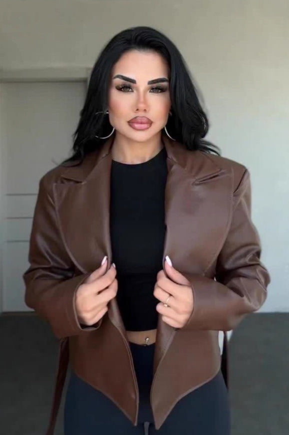 Sexy Fitted Leather V-Neck Tie-Waist Jacket