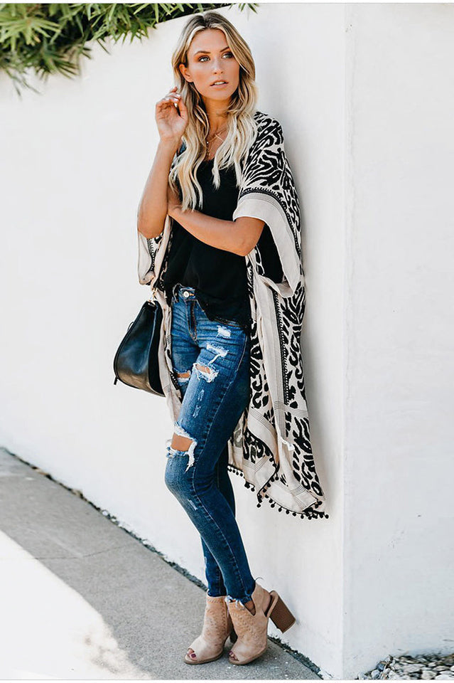 Seaside Resort Kimono Cardigan with Pompom Detail