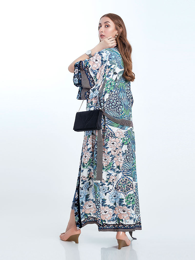 Beachwear Cotton Long Length Floral With Birds Print Blue, White & Green Color Gown Kimono Duster Robe - Fashionpara