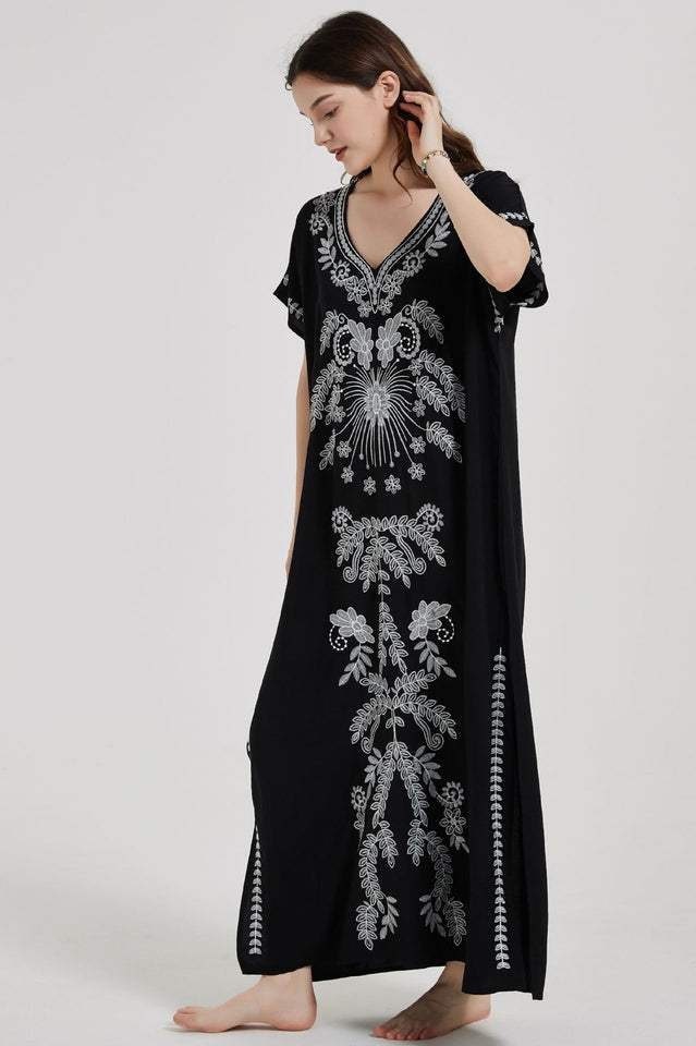 Embroidered V-Neck Short-Sleeve Kaftan Maxi Dress 34