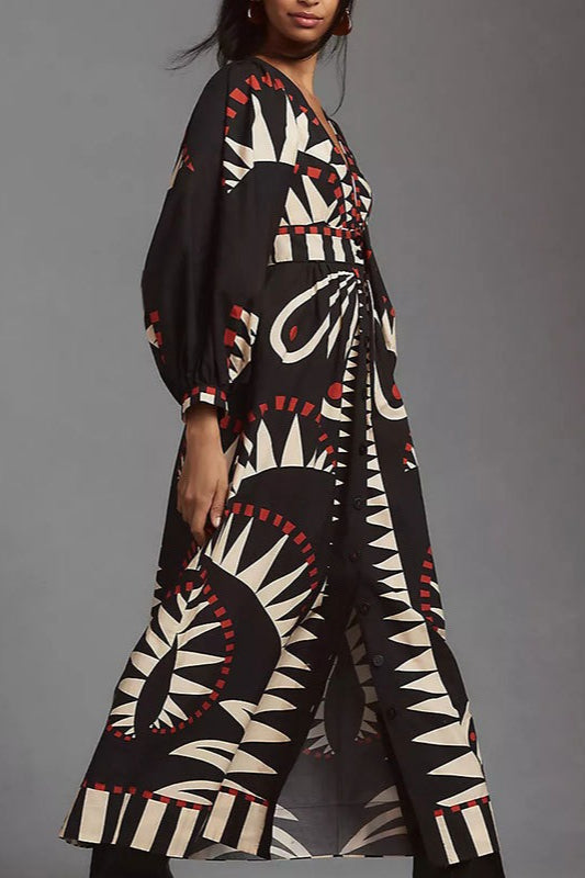 Geometric Print V-Neck Puff Sleeve Button Front Maxi Dress 3