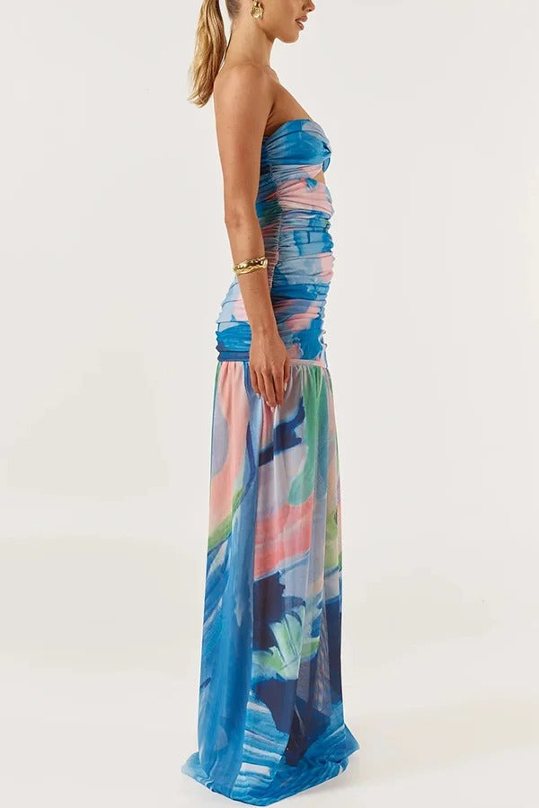 Colorful Ocean Mesh Printed Twist Cutout Off Shoulder Vacation Maxi Dress - Fashionpara