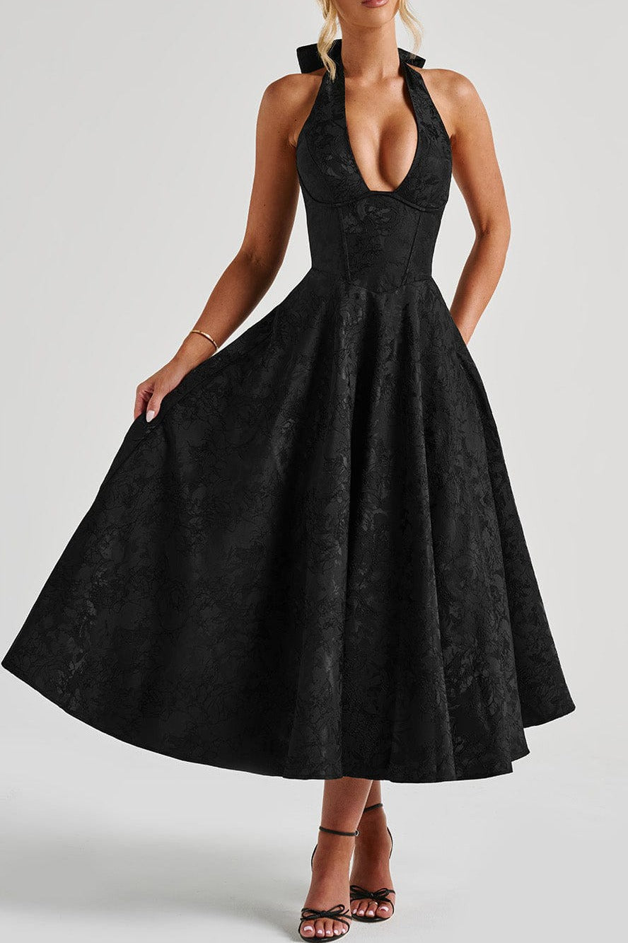 Halter Deep V-Neck Corset Jacquard Fit and Flare Midi Dress - View 7