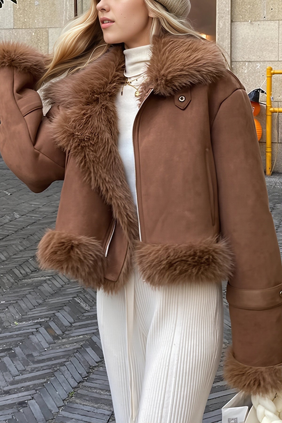 Oversized Fur Collar Suede Look Coat 7