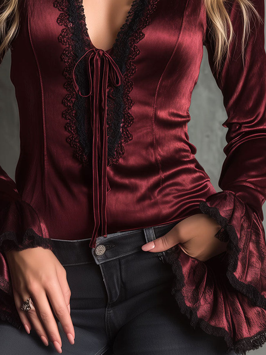 Romantic Burgundy Velvet Lace-Trim Blouse With Flared Sleeves