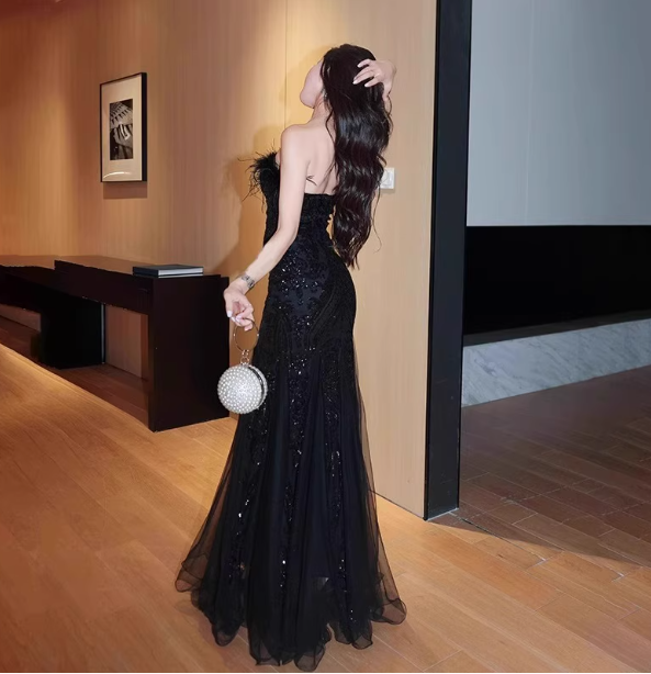 Elegant Black Mermaid Strapless Feather Sequined Tulle Prom Dress Evening Dress P4461