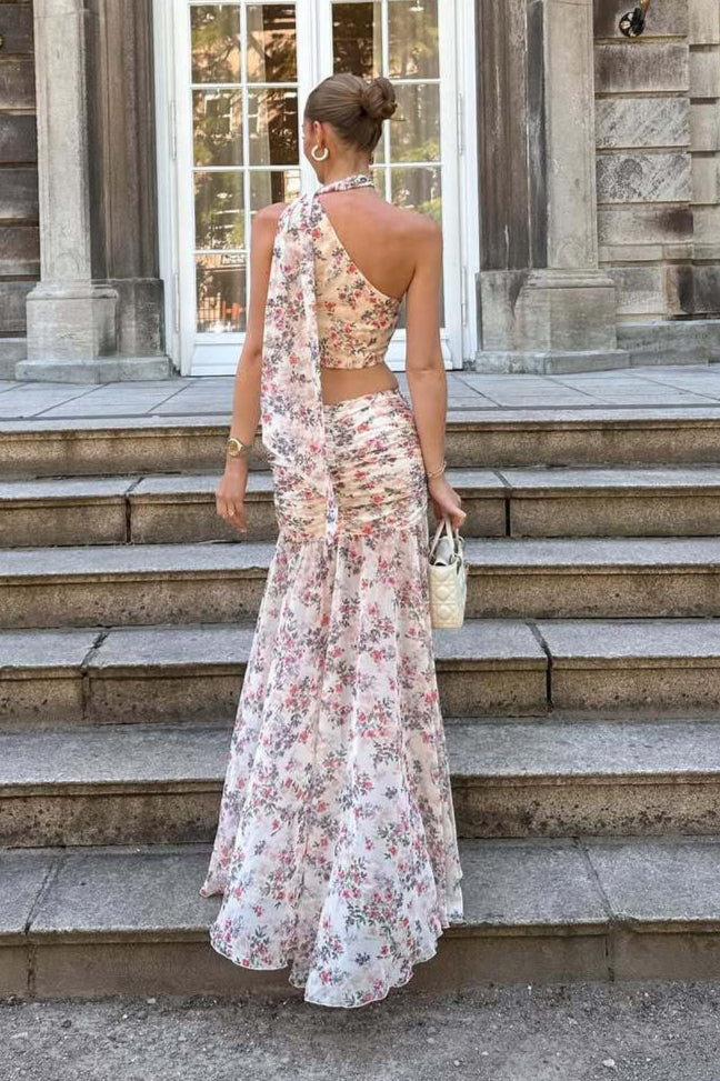 Light Pink Purple Floral One Shoulder Sleeveless Two Piece Set